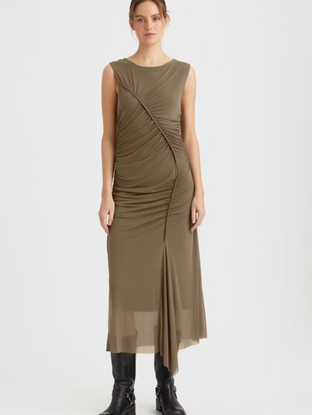 Gestuz MessiGZ Long Sleeveless Olive Ruched Mesh Midi Dress